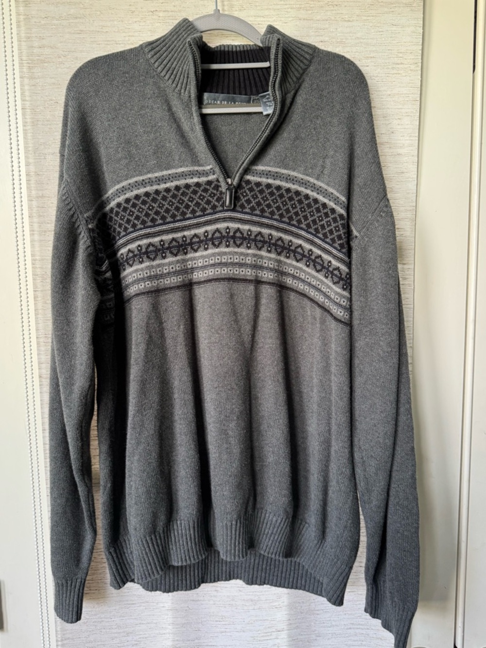 Oscar de la Renta Gray Fair Isle Quarter-Zip Sweater